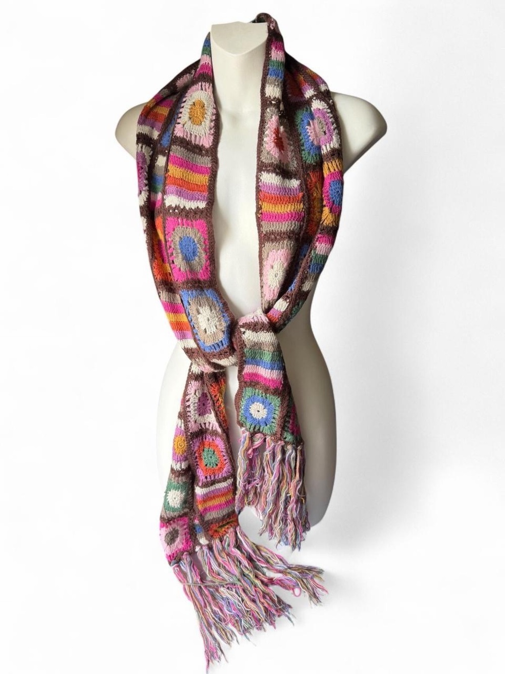 Lucky Brand Multicolor Crochet Fringe Scarf in Brown, Pink, Blue, Green